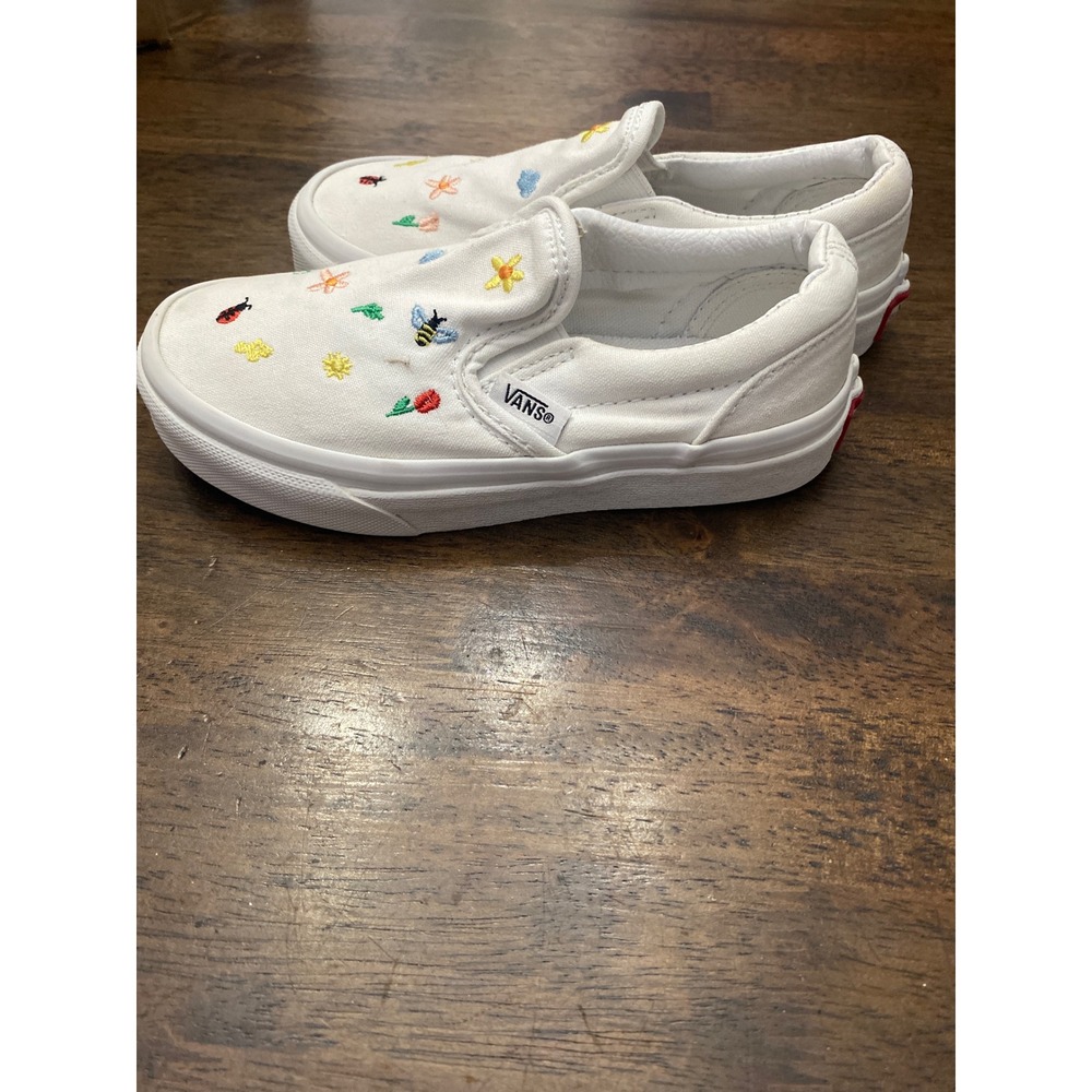 Vans girls Classic SlipOn White Canvas Embroidered Nature Ladybug Bee Shoes 12.5 - Picture 5 of 6